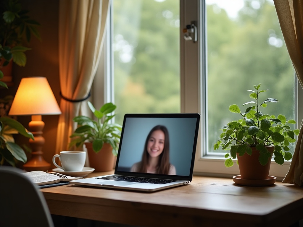 Gemütlicher Schreibtisch mit Laptop während eines Video-Gesprächs