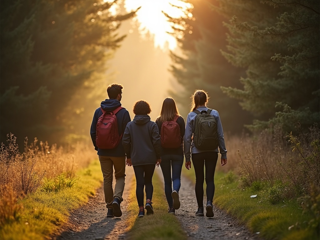 Eine Gruppe geht gemeinsam auf einem Waldweg